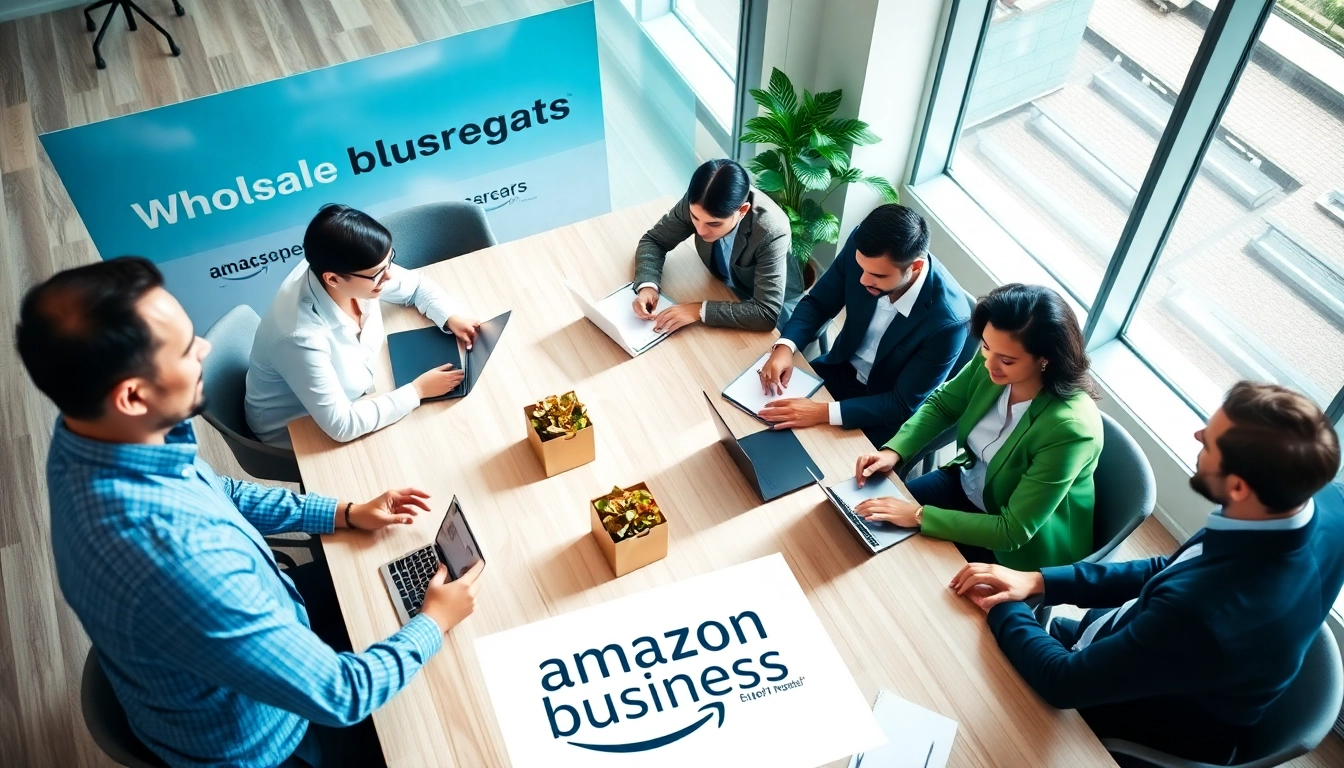 Engaged team discussing strategies for amazon business wholesale at a modern conference table.