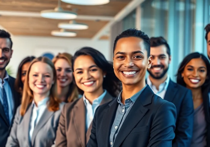 Professionals posing for Company Headshots in a bright, modern office environment.