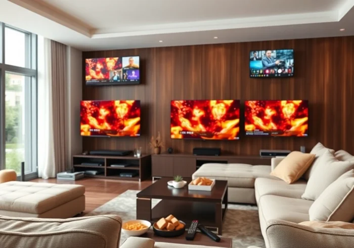 Comprar IPTV en un ambiente moderno con múltiples pantallas y luz natural.