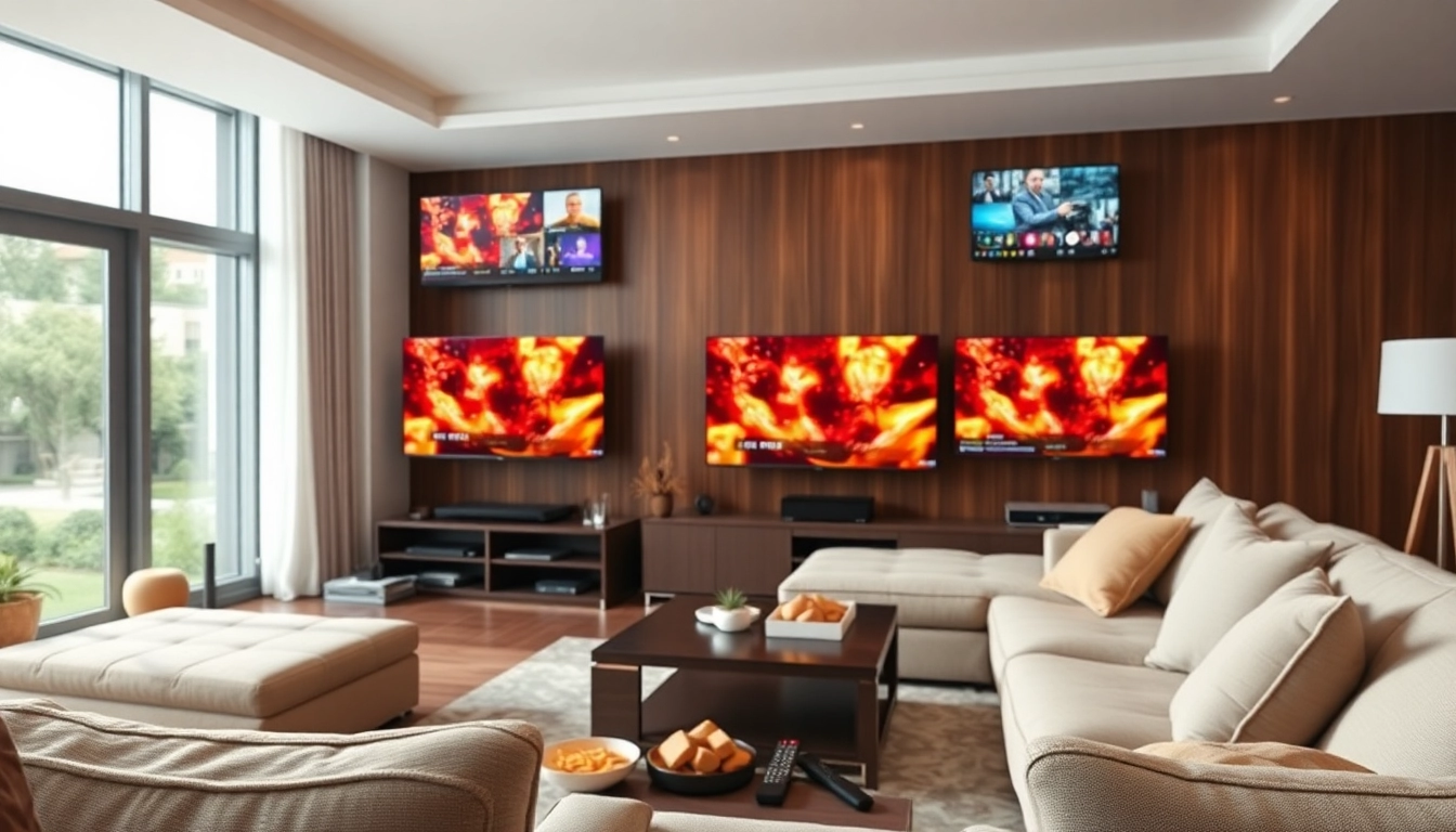 Comprar IPTV en un ambiente moderno con múltiples pantallas y luz natural.