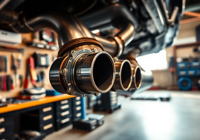 Capturing the intricate details of a downpipe n55 in an automotive workshop