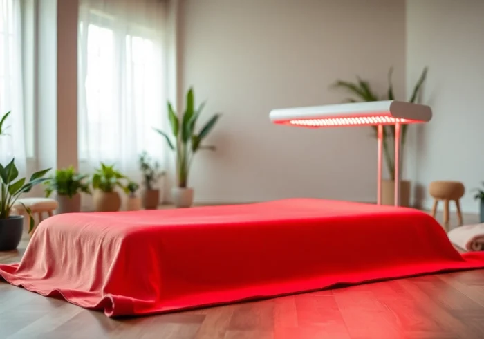 Experience the benefits of a red light therapy mat for relaxation and healing in a tranquil setting.
