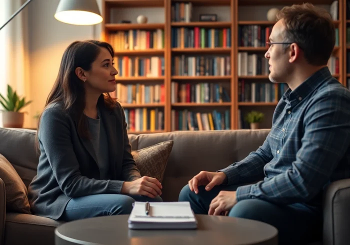 Engaging counselling session depicting a therapist listening attentively to a client.