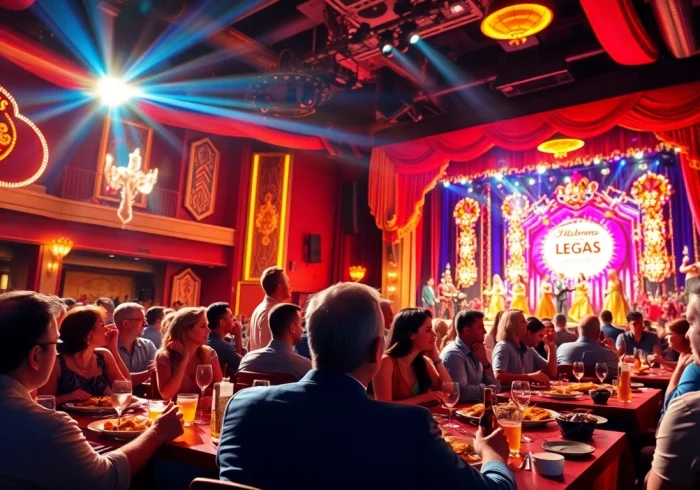 Dine and watch a captivating dinner theater las vegas show with vibrant performers and engaged audience.