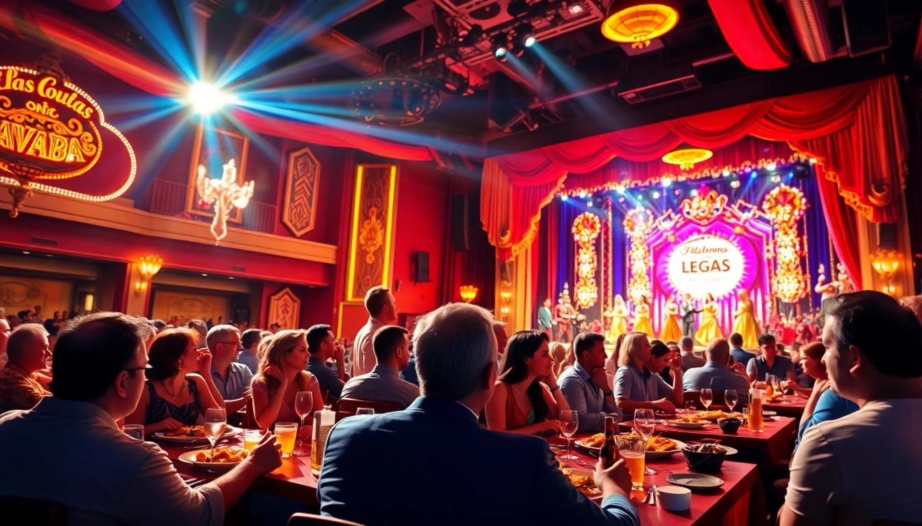 Dine and watch a captivating dinner theater las vegas show with vibrant performers and engaged audience.