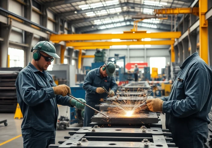 Workers fabricating steel components in a modern steel fabrication shop.