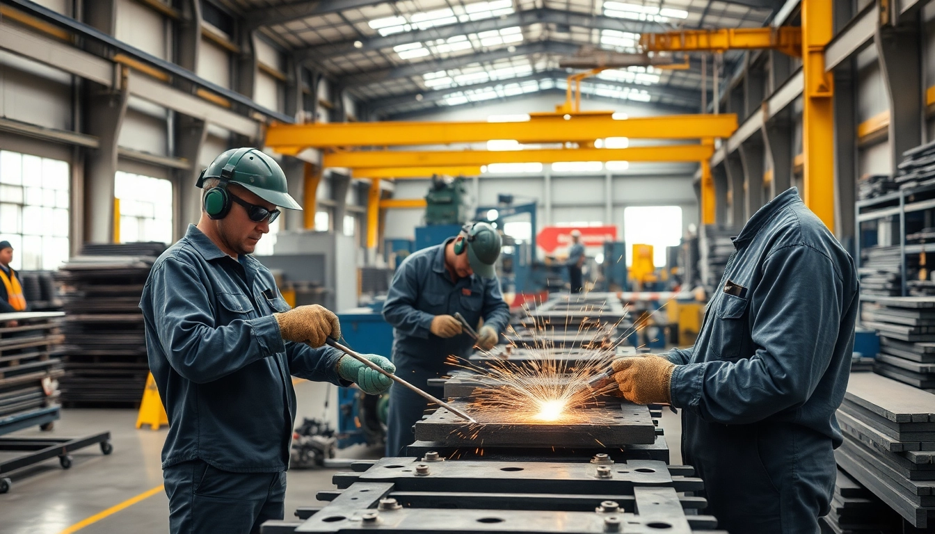Workers fabricating steel components in a modern steel fabrication shop.