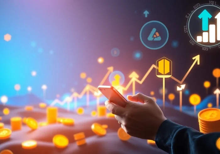 Illustration of engaging user experience in a crypto referral program with digital rewards and growth graphics.