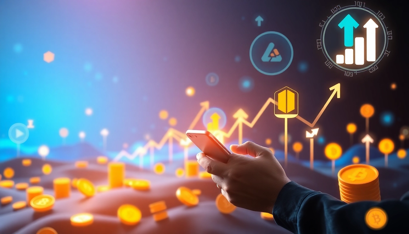 Illustration of engaging user experience in a crypto referral program with digital rewards and growth graphics.