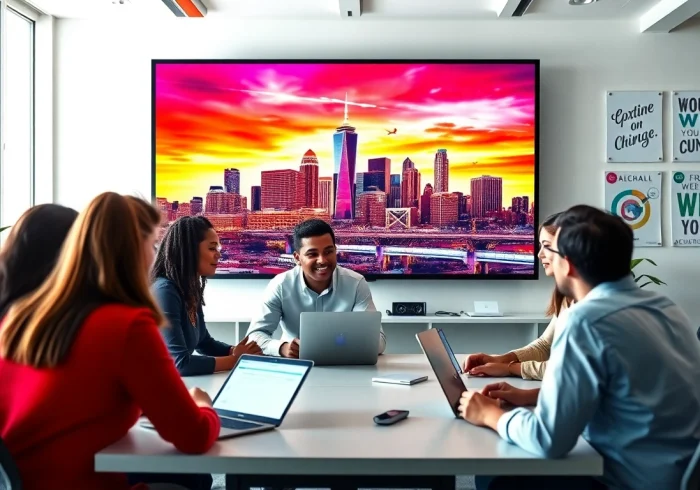 Showcasing website development kansas city through a creative team in a modern office.