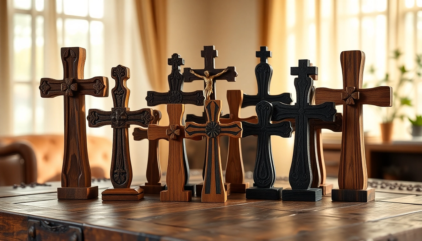 Handmade crosses showcasing intricate designs and olive wood textures on a rustic table.