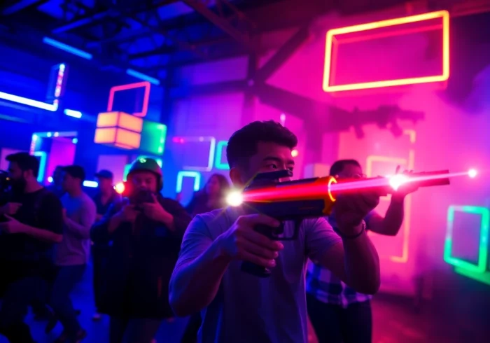 Players engaged in an energetic laser tag battle inside a vibrant arena.