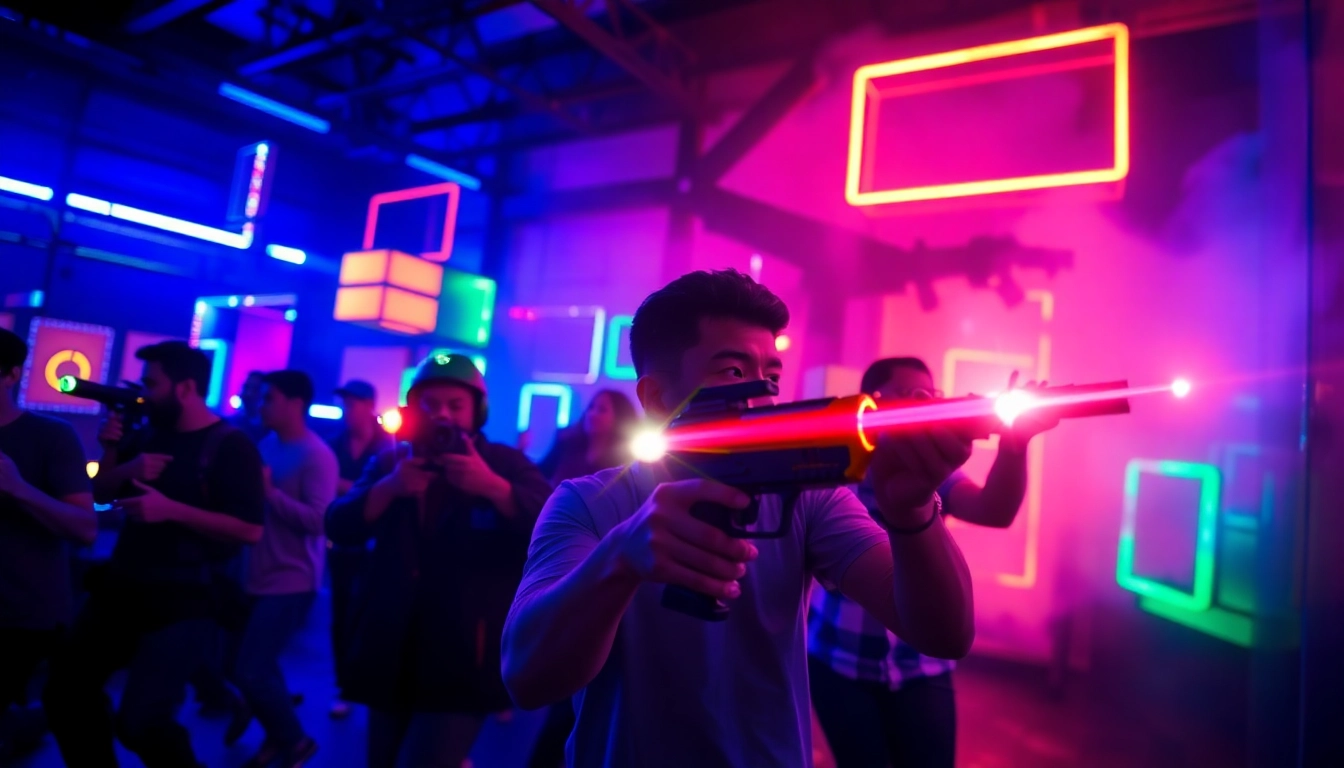 Players engaged in an energetic laser tag battle inside a vibrant arena.
