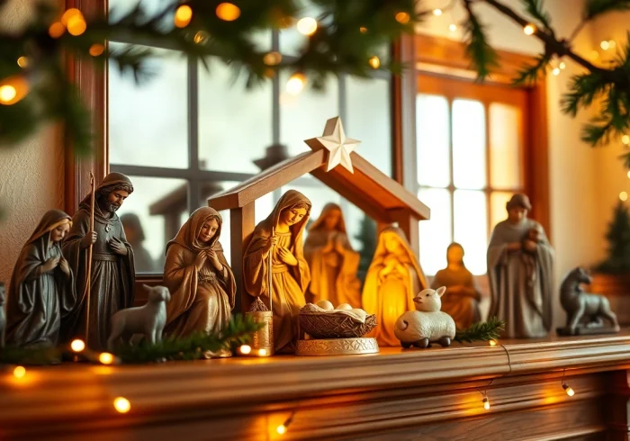 Admire intricately designed Nativity sets showcasing the Holy Family illuminated with warm lights.