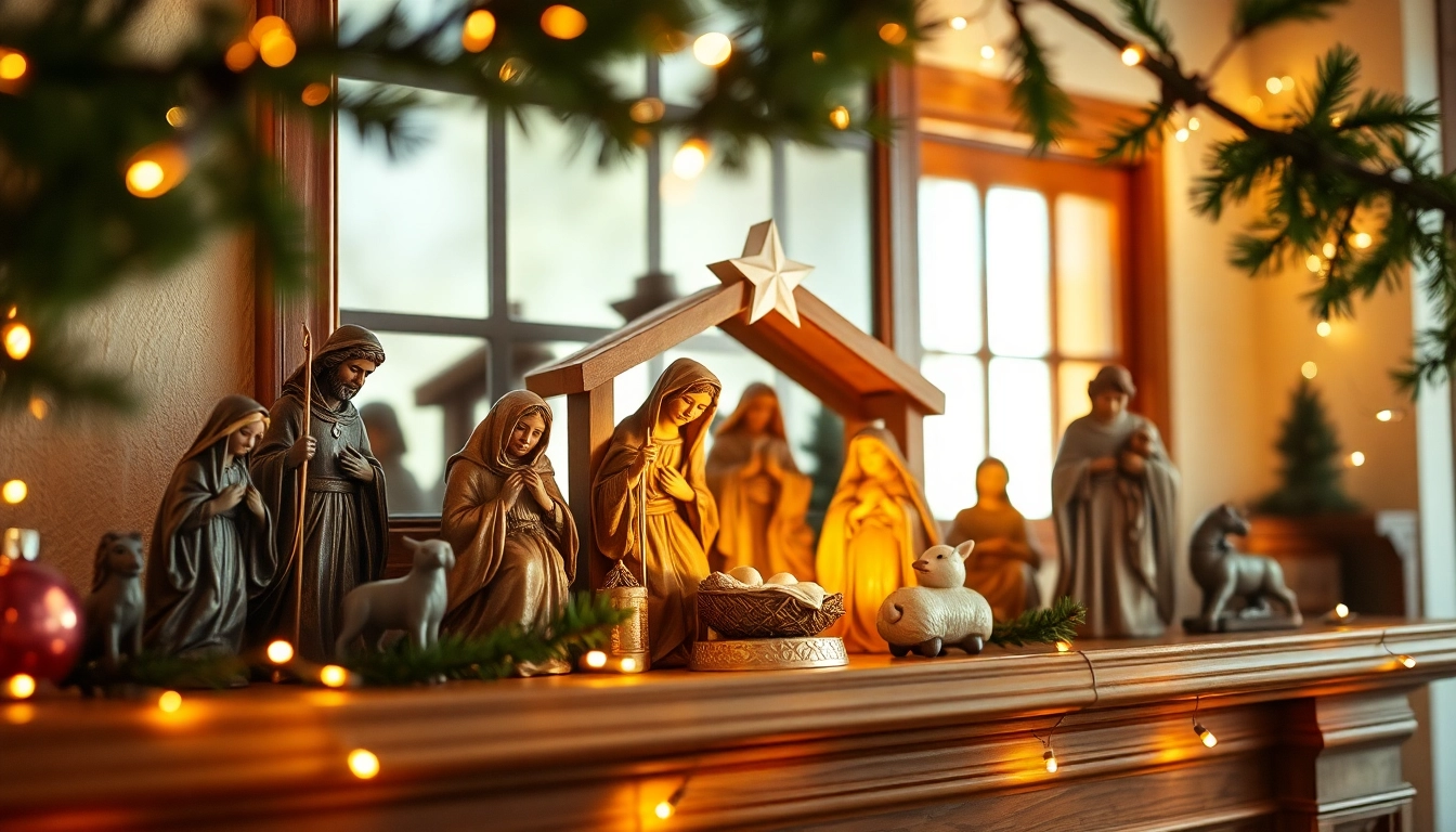Admire intricately designed Nativity sets showcasing the Holy Family illuminated with warm lights.