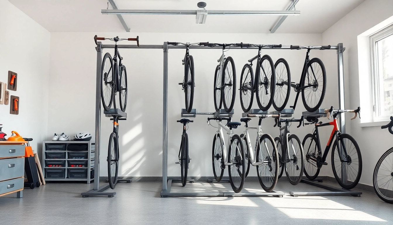 Organized space-saving bike rack efficiently storing multiple bikes in a tidy garage.