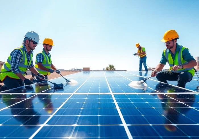 Solar panel cleaning services Phoenix by professional technicians on a rooftop in bright sunlight.