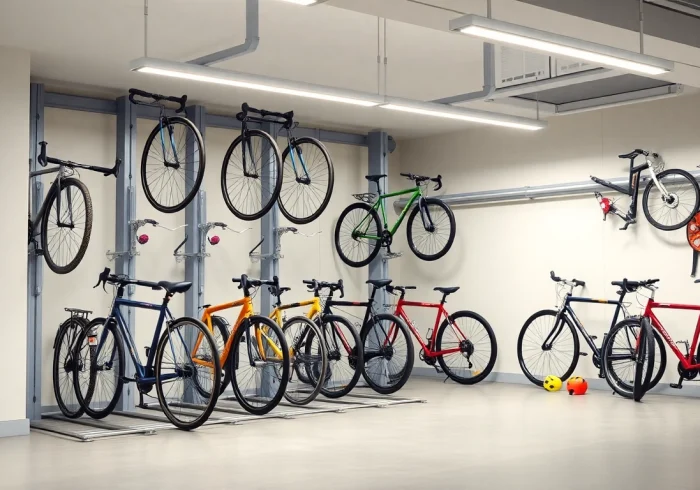Compact bike storage system showcased in a modern garage, promoting space-saving solutions.