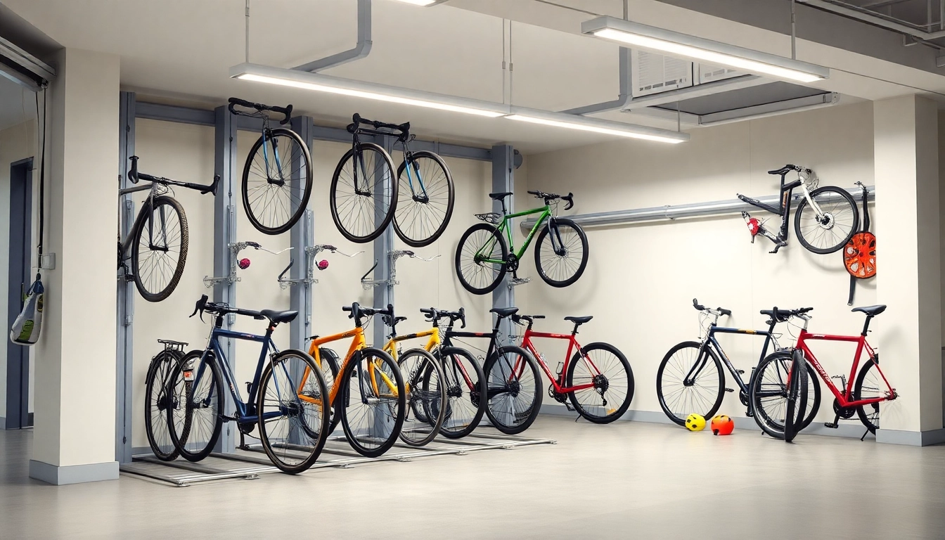 Compact bike storage system showcased in a modern garage, promoting space-saving solutions.