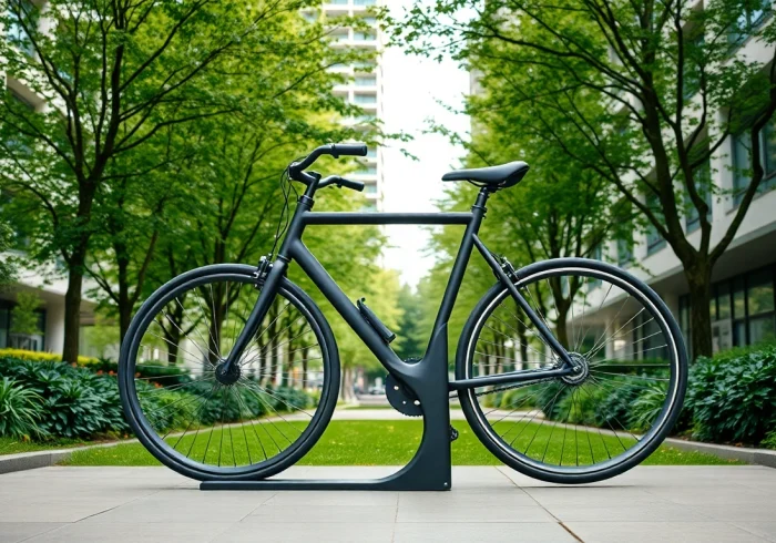 Secure your bike in style with a designer bike rack featuring a sleek, modern design.