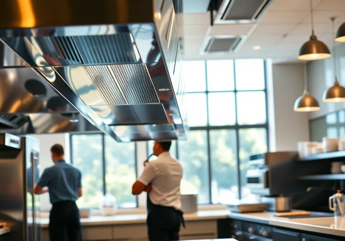 Showcasing Restaurant Exhaust Hood Cleaning service with technicians cleaning hoods in a bright, professional kitchen.