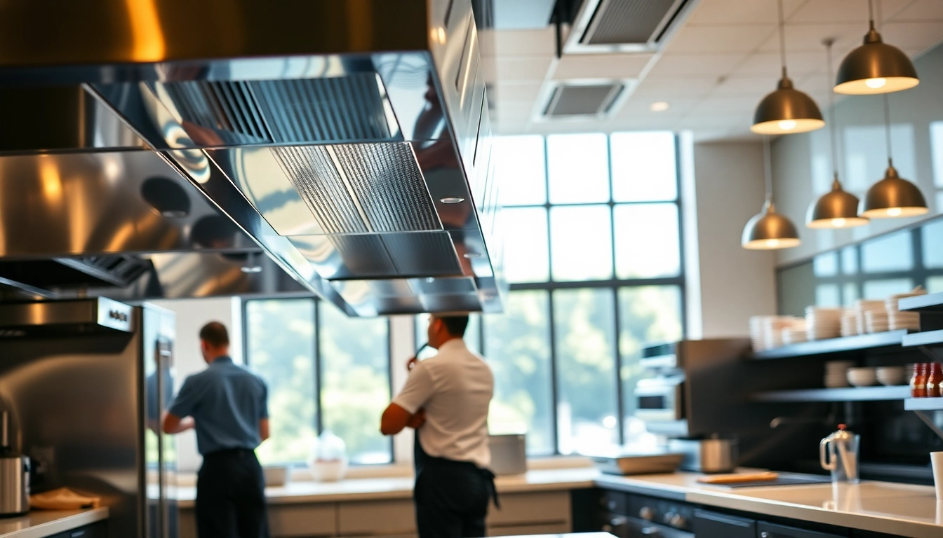 Showcasing Restaurant Exhaust Hood Cleaning service with technicians cleaning hoods in a bright, professional kitchen.
