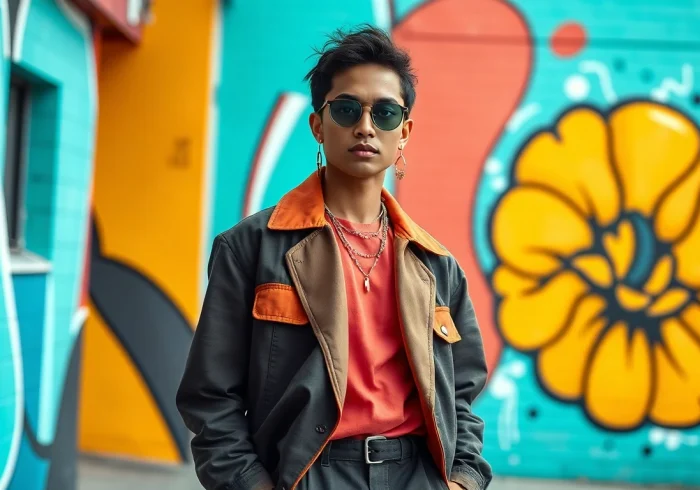 Showcase premium art clothing Calgary in a stylish urban setting with vibrant artwork and trendy fashion elements.