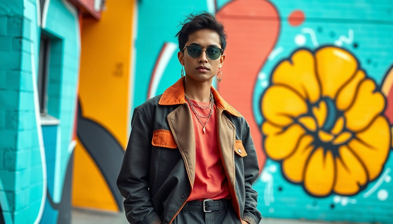 Showcase premium art clothing Calgary in a stylish urban setting with vibrant artwork and trendy fashion elements.