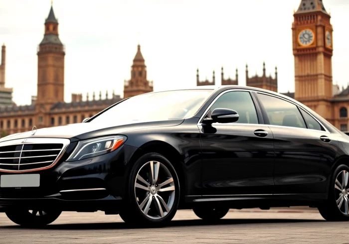 Experience london chauffeur service with luxury vehicles parked outside a London landmark.