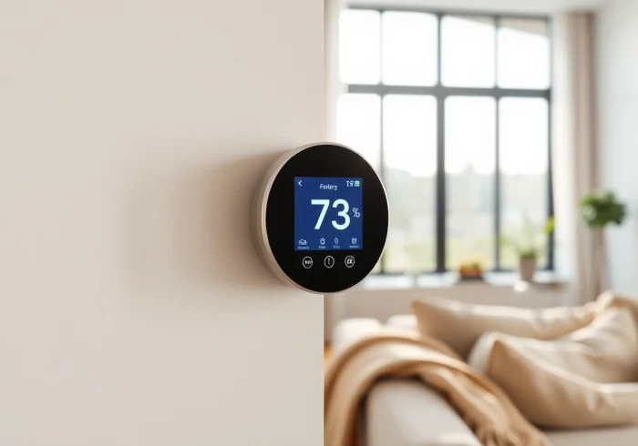 Steuern Sie Ihre Infrarotheizung mit einem modernen thermostat infrarotheizung in einem stilvollen Raum.