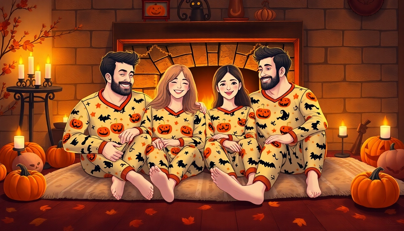 Family members wearing Halloween pj with festive designs around a cozy fireplace.