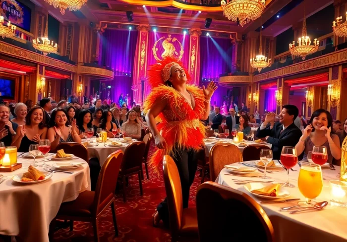 A vibrant scene showcasing the best dinner show in las vegas with lively performers and engaged audience.