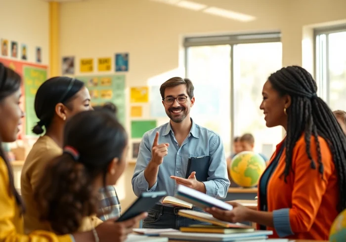 Engaging Education session with diverse students actively participating in a bright classroom.