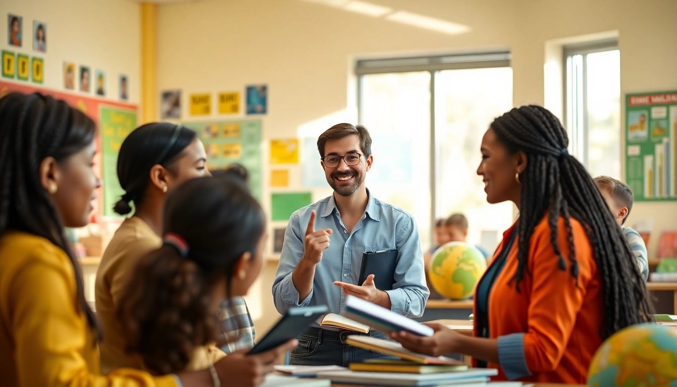 Engaging Education session with diverse students actively participating in a bright classroom.