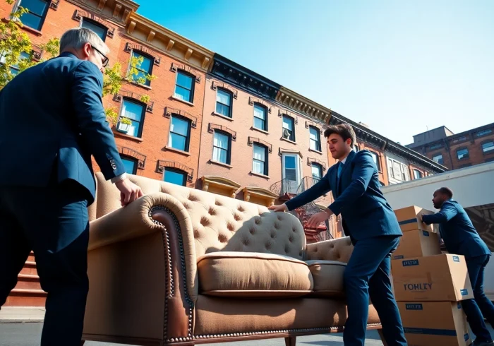 Brooklyn movers expertly handling furniture during a residential move in a charming neighborhood.