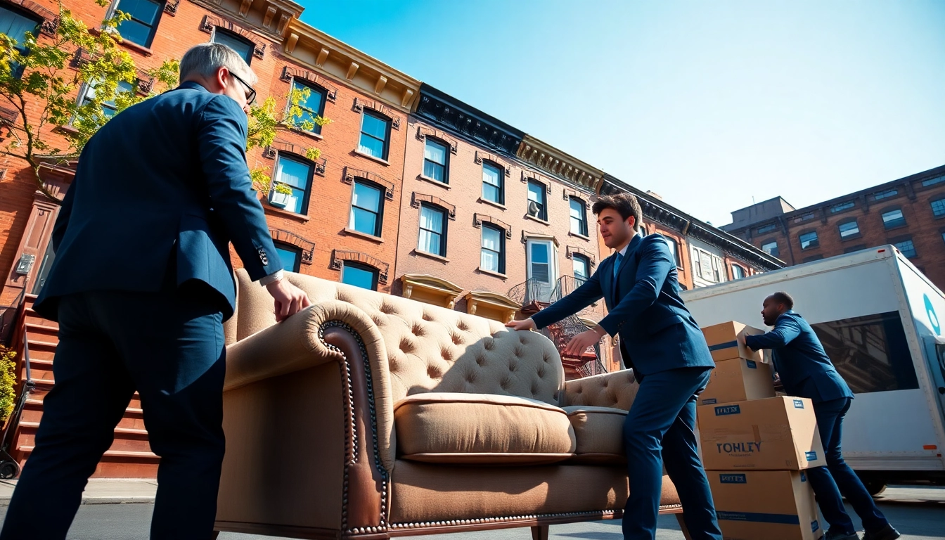 Brooklyn movers expertly handling furniture during a residential move in a charming neighborhood.