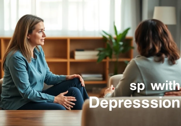 Therapist assisting a patient in a cozy office, focusing on dealing with depression.