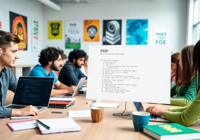 Learn coding concepts in an interactive PHP web development course with engaging classroom dynamics.