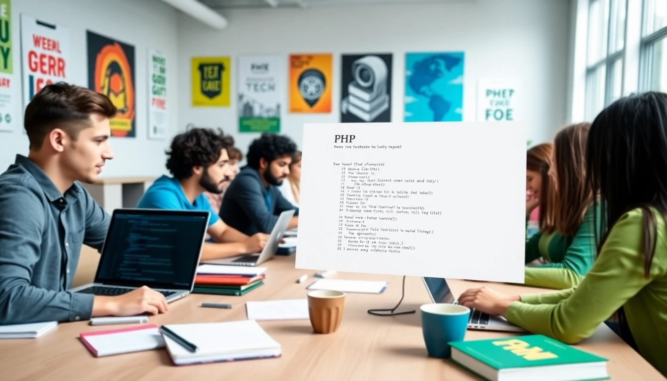 Learn coding concepts in an interactive PHP web development course with engaging classroom dynamics.